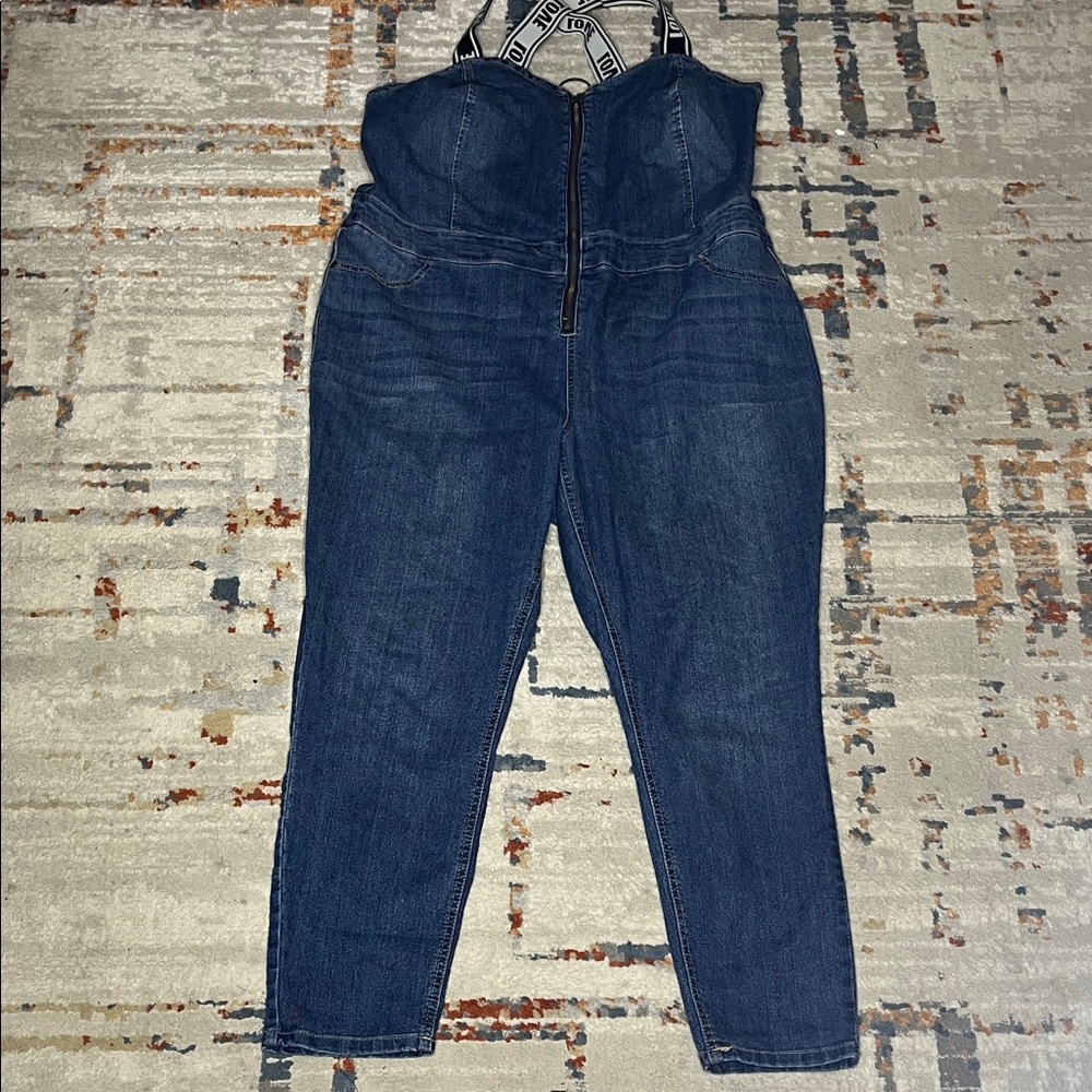 Ashley Stewart Dark Blue High-Rise Denim Jumpsuit